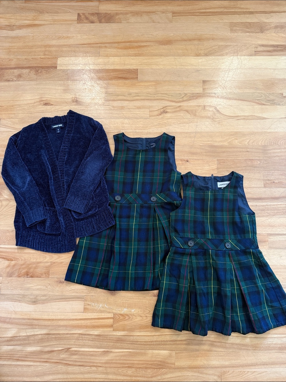 Lands' End Navy Cardigan with Green & Navy Tartan Jumpers